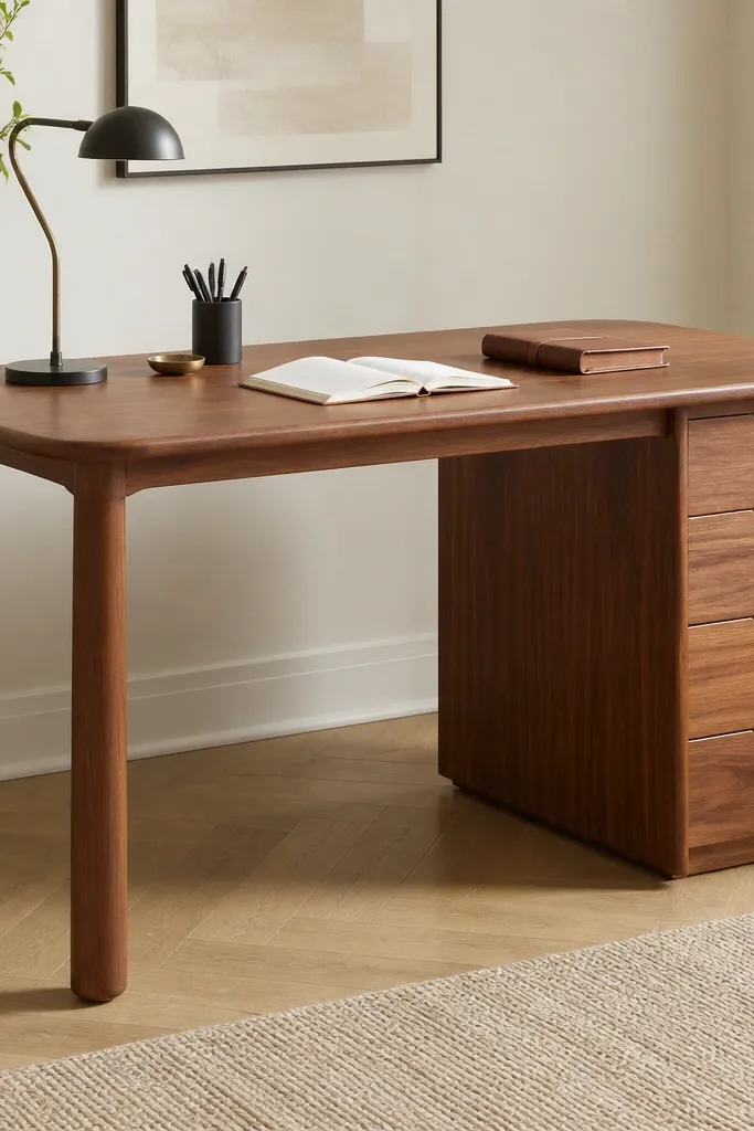 Wood veneer desk with round legs and a side drawer stack