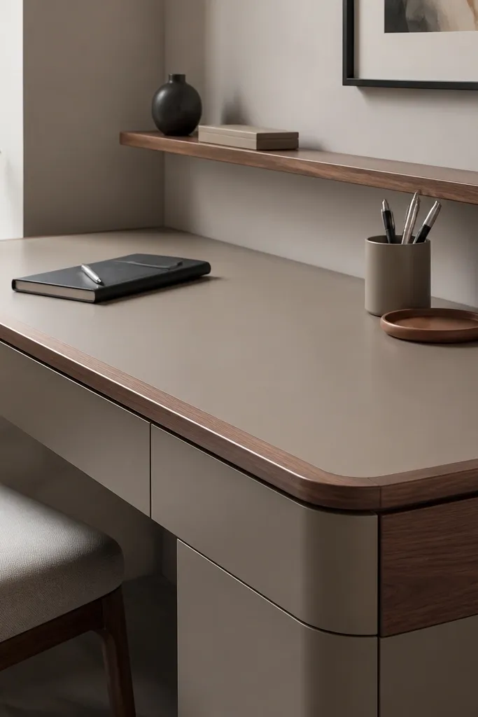 Matte thermofoil desk with walnut edge trim and a thin floating pencil ledge