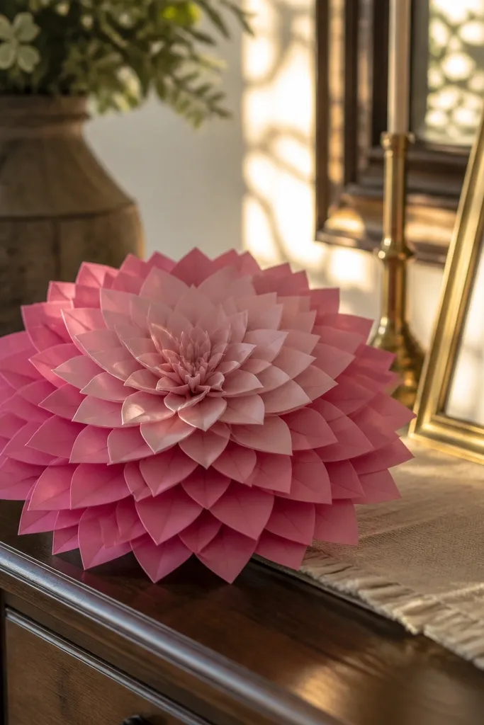 Pink and white layered dahlia origami flower with many small petals