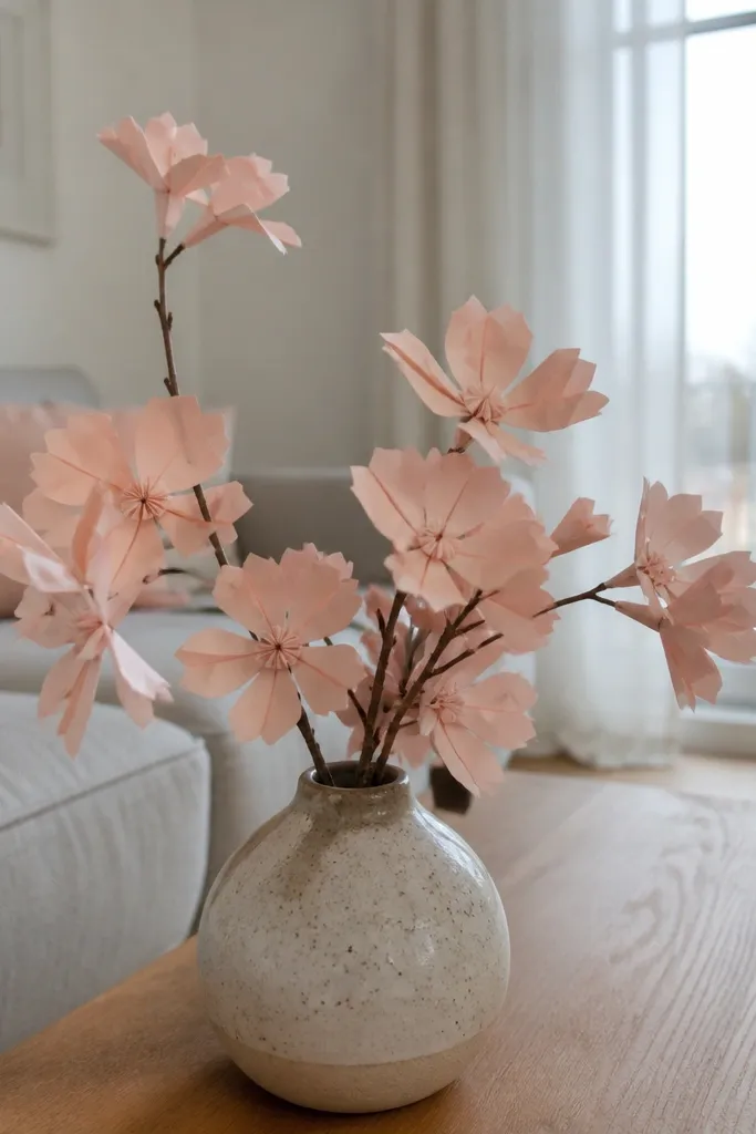 Soft pink cherry blossom origami flower with pleated petals