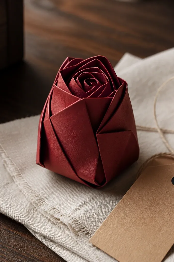 Deep red rosebud origami flower with layered side folds