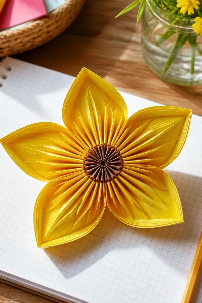 Yellow five-petal origami flower with layered tabs and bright center