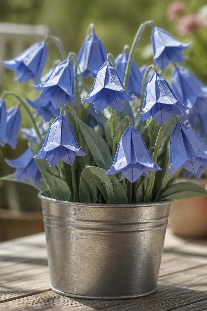Blue origami bluebell flower with curved petal edges