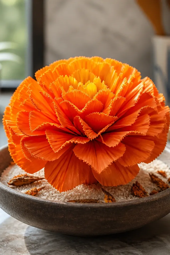 Orange origami marigold with small fringe-like petal segments