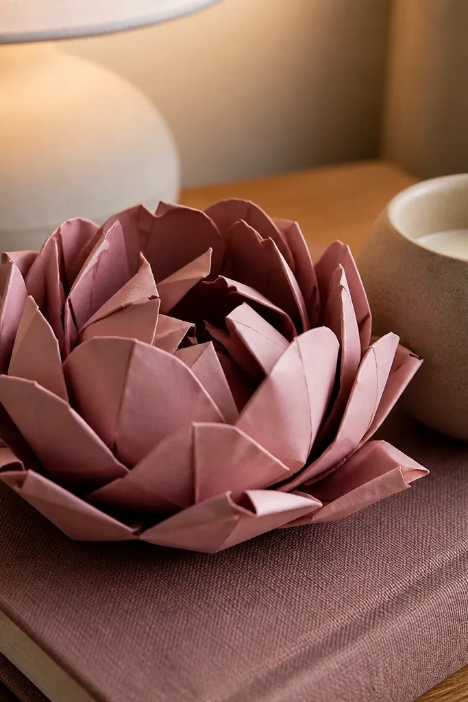 Peony-style origami flower with rolled corner petals in soft pink