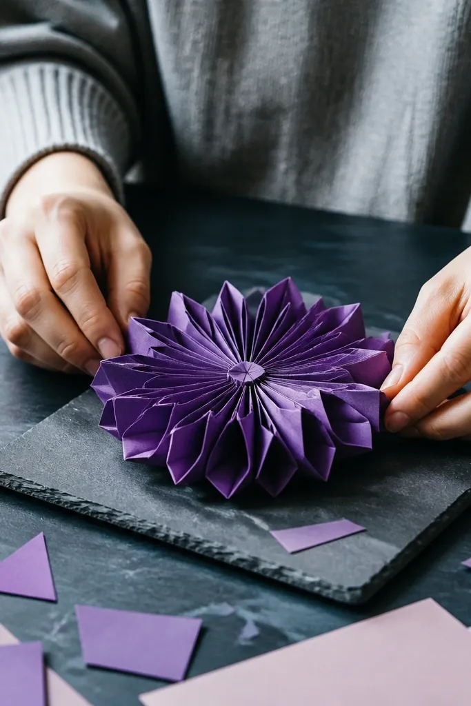 Purple aster origami flower with ruffled petal edges