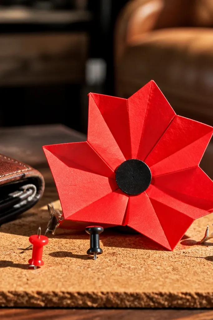 Red poppy origami flower with sharp petal tips and black center