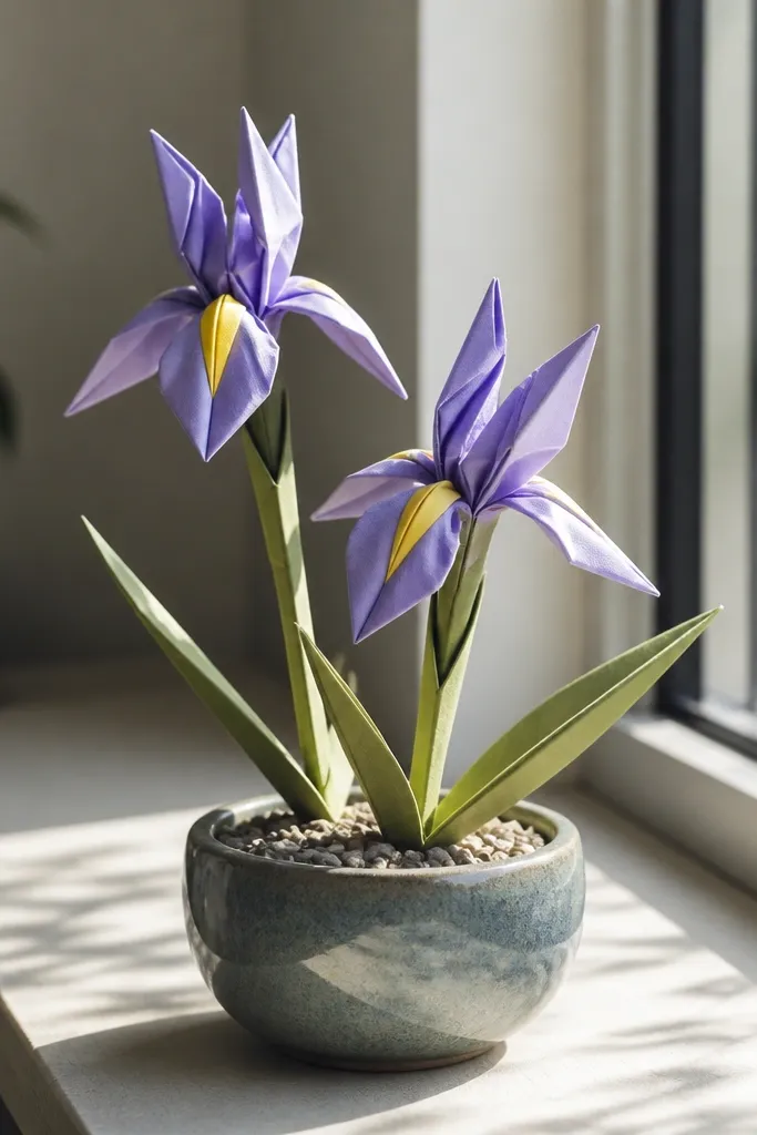 Lavender and yellow iris origami flower with long narrow petals
