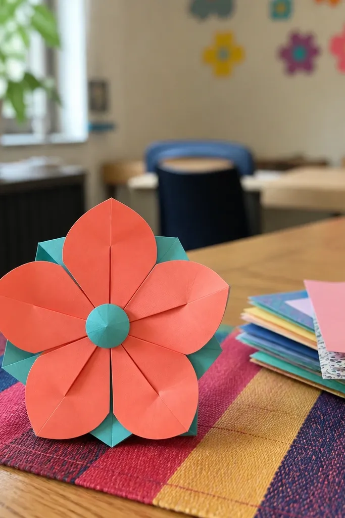 Coral origami flower with five big petals and a large center circle