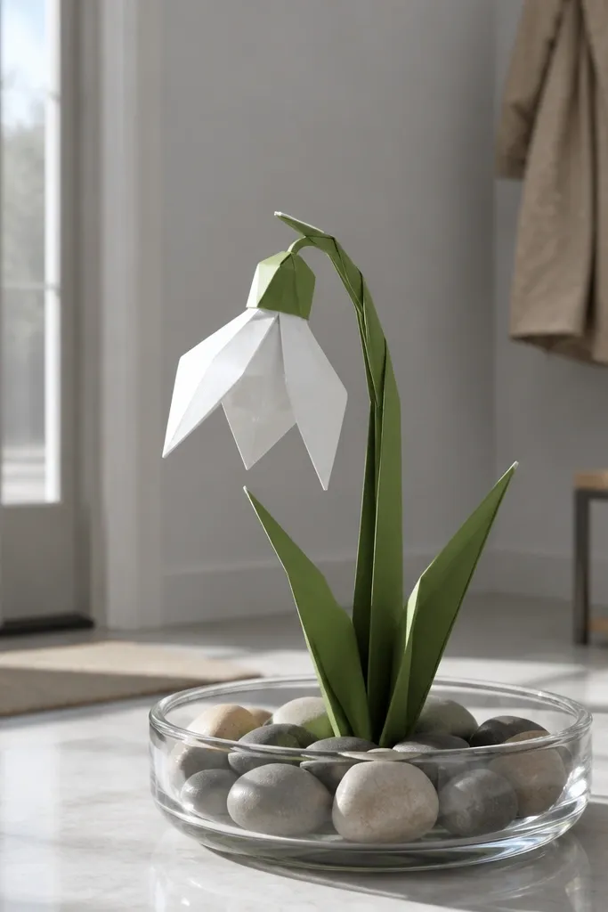 White snowdrop origami flower with green folded base