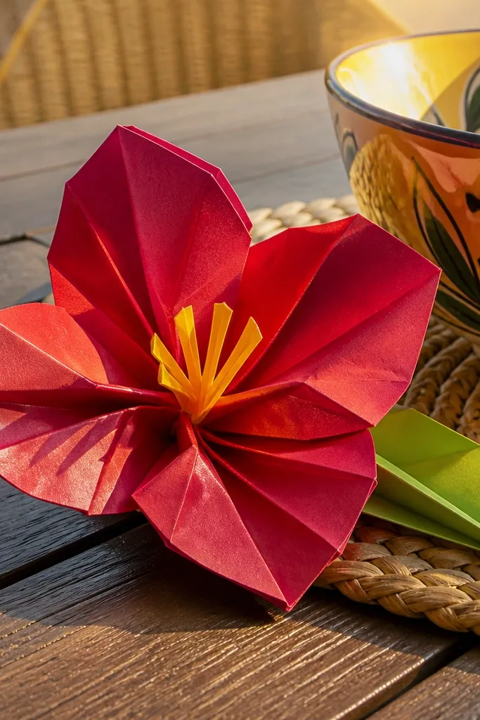 Red and yellow hibiscus origami flower with wide petals and star center