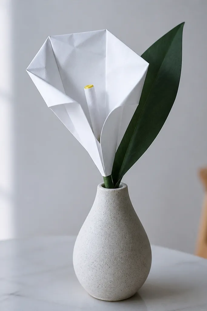 White calla lily origami flower with a curled tube center