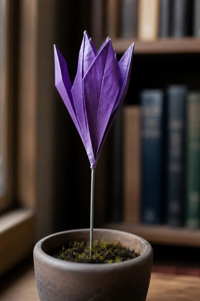 Purple crocus origami flower with tall slim petals