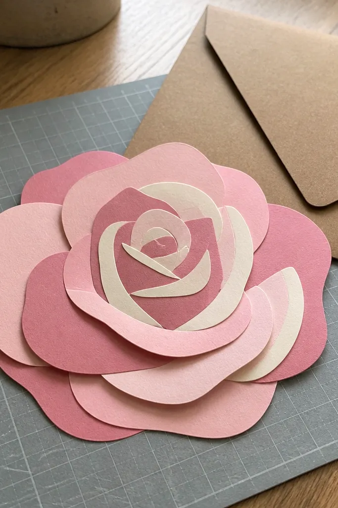 Flat rose origami flower layer on a card, pink with darker inner petals