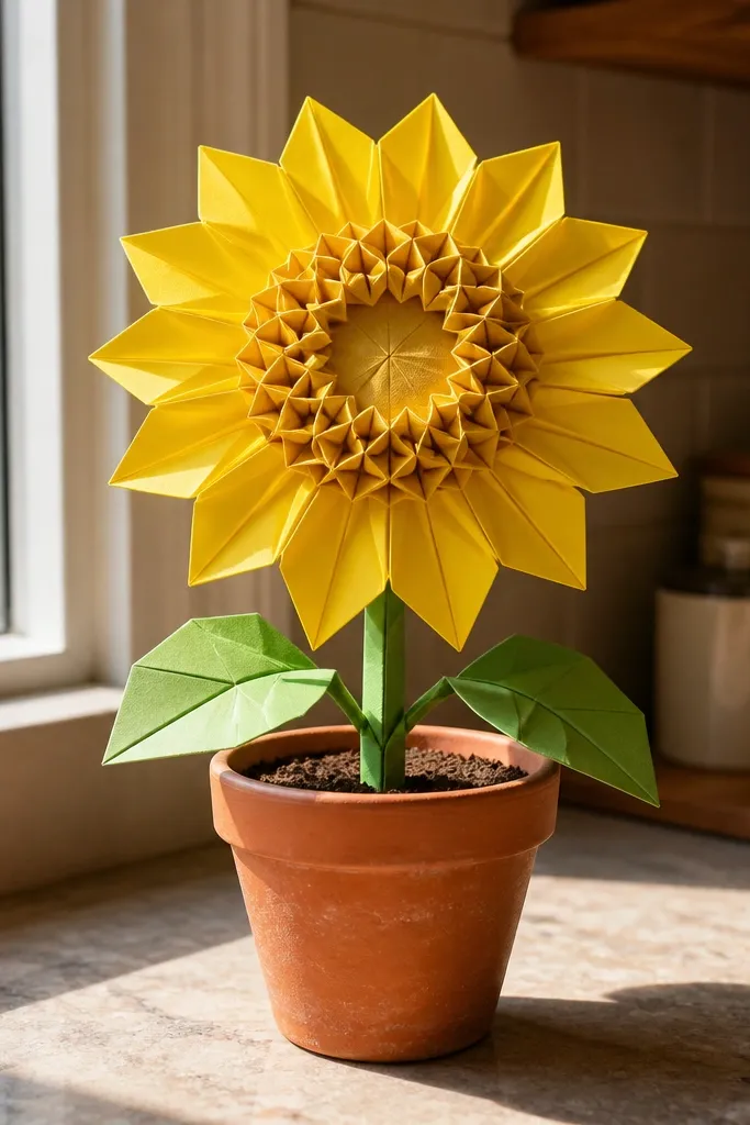 Bright yellow sunflower origami flower with spiky center ring