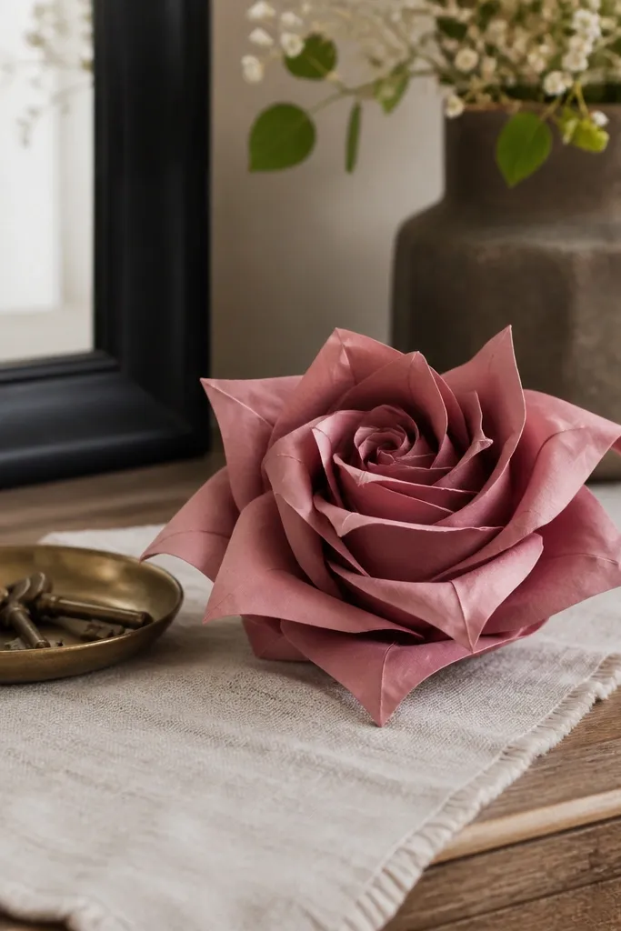 Muted pink garden rose origami with pinched petal points