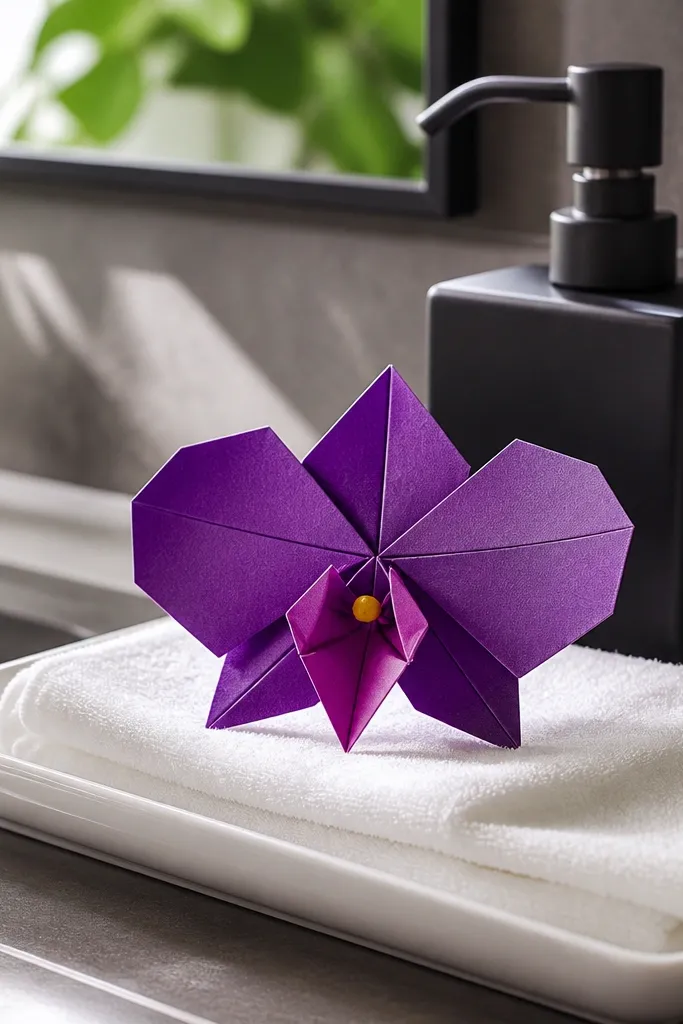 Purple orchid origami flower with asymmetrical petals and bright center spot