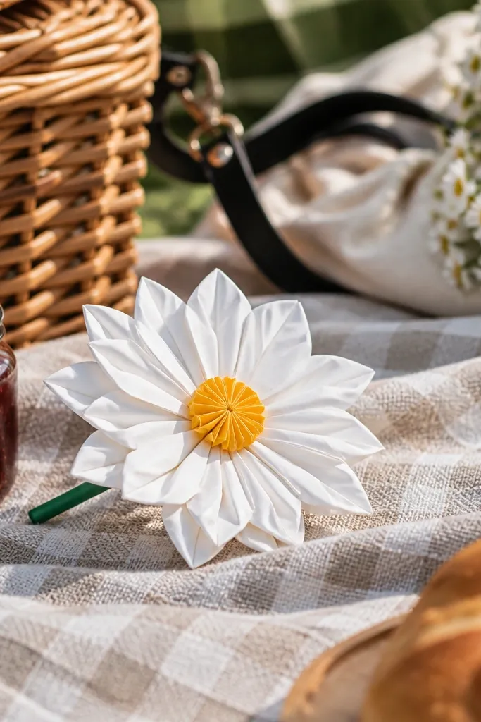 White daisy origami flower with layered petals and yellow center