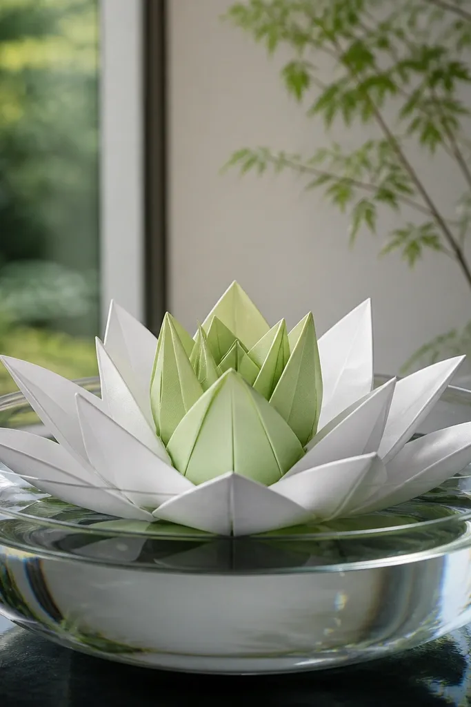 Soft green and white water lily origami flower with fan-like petals