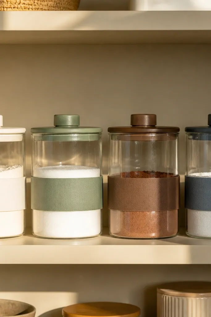 Clear canisters in a row with black lids and uniform labels