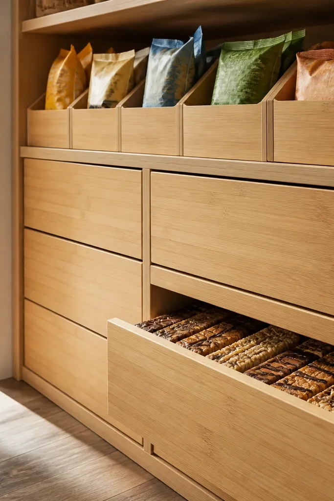 Bamboo drawer-style bins on shelves for snacks with aligned fronts