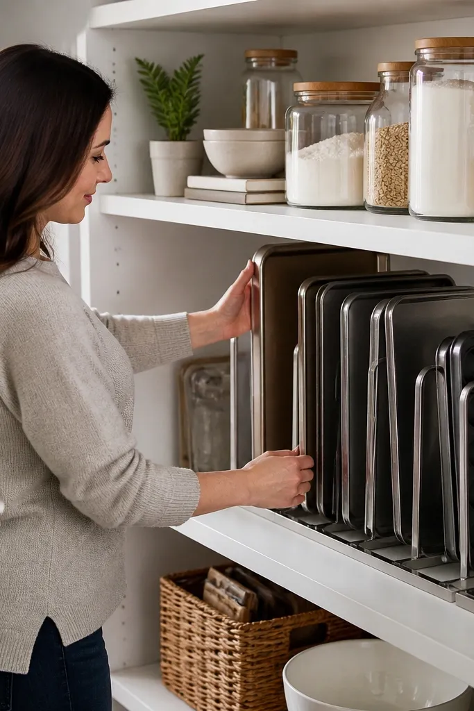Shelf with slim metal racks holding baking trays and sheets upright