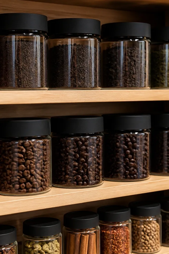 Matching jars with black lids arranged by category on pantry shelves