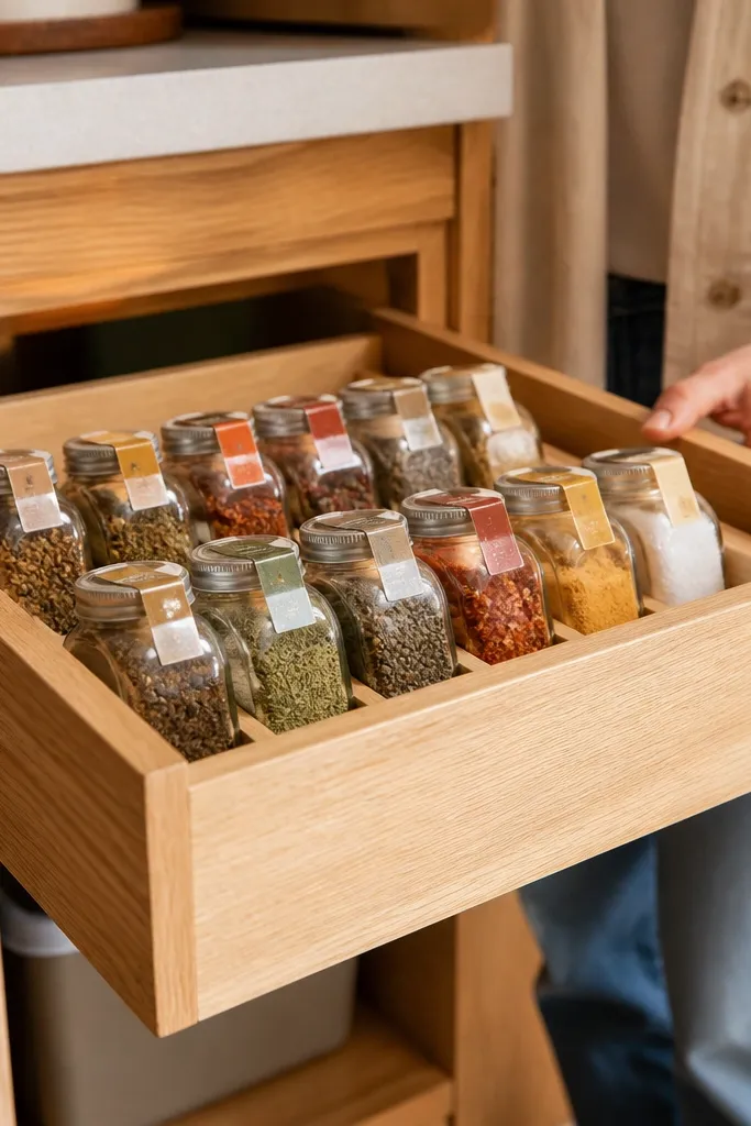 Small labeled spice drawer with pull tabs aligned
