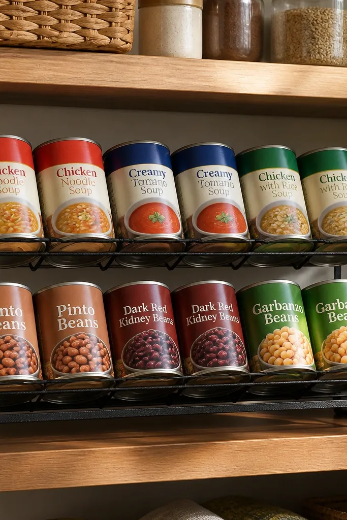Canned goods arranged in a face-forward row tilt