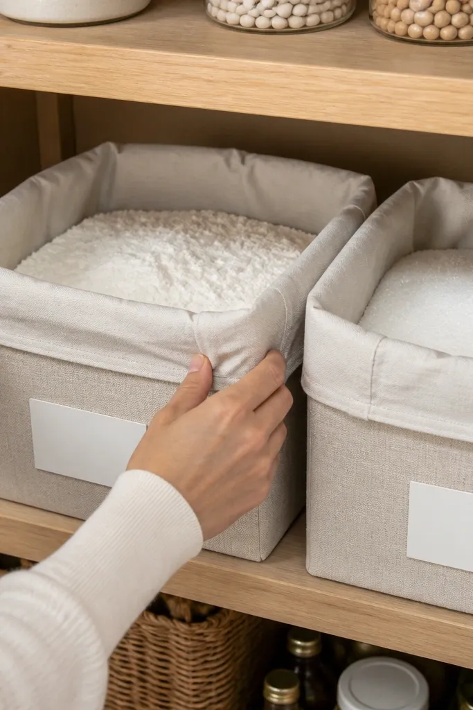 Fabric-front bins with labels for bulk flour and sugar on pantry shelves
