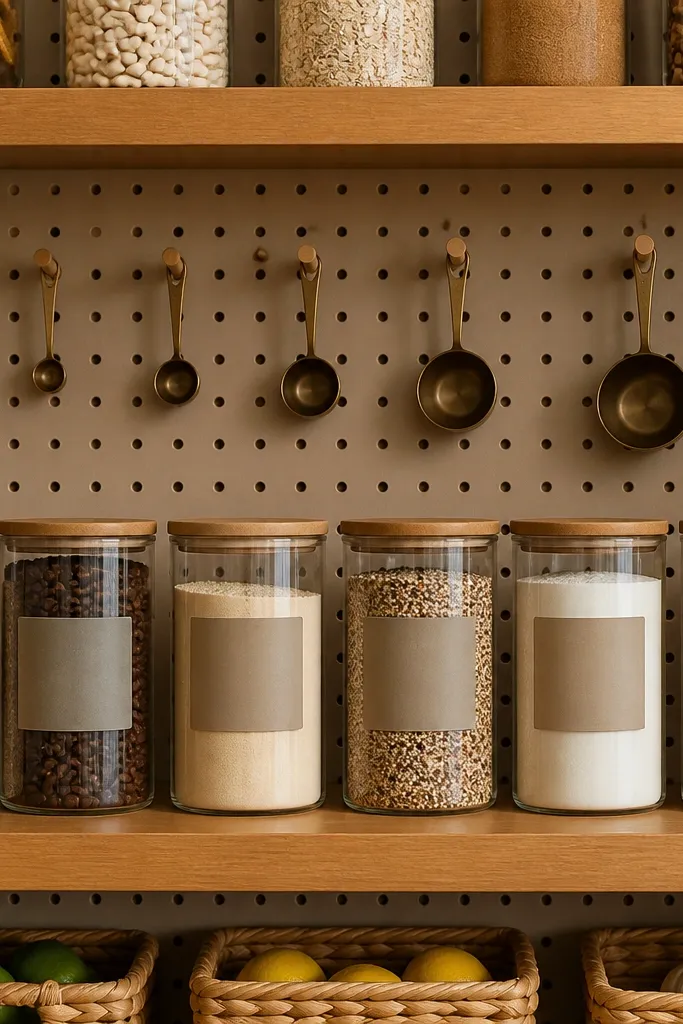 Pegboard backing with labeled hooks and tidy pantry containers