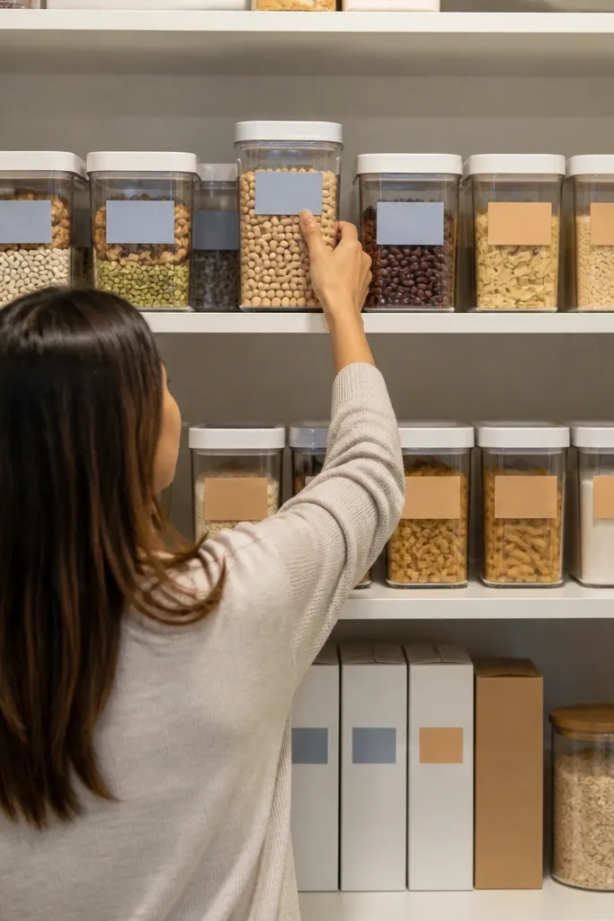 Pantry shelf with two colors of labels for front/back rotation