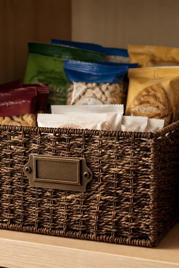 Large basket with a label plate on the front holding pantry items