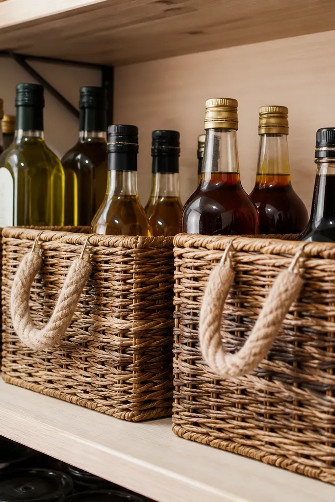 Wicker bins with rope handles holding oil and vinegar bottles with labels