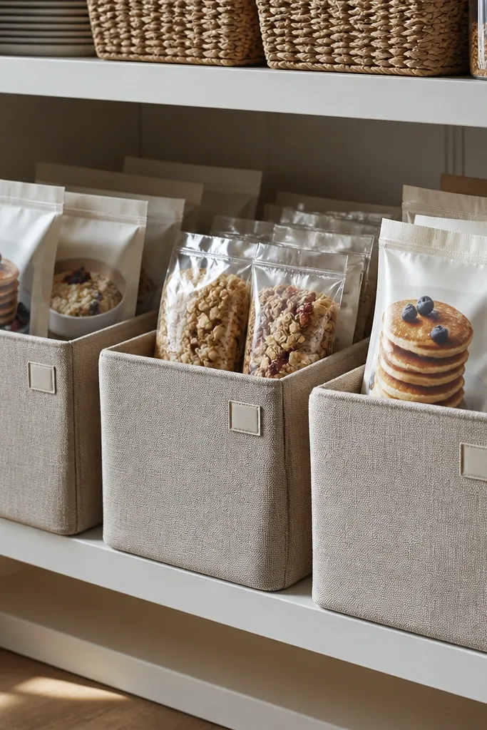 Linen-look totes with labels for breakfast packs on pantry shelves