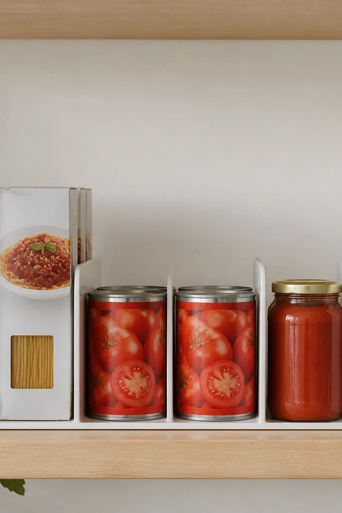 Modular shelf dividers creating uniform front edges for pantry items