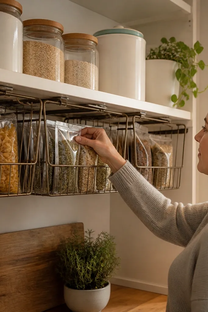 Baskets under a shelf with visible front labels and tidy contents