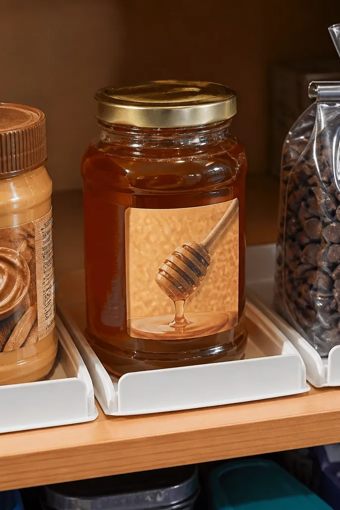 Pantry shelf with spill-proof trays holding crumbly and sticky items