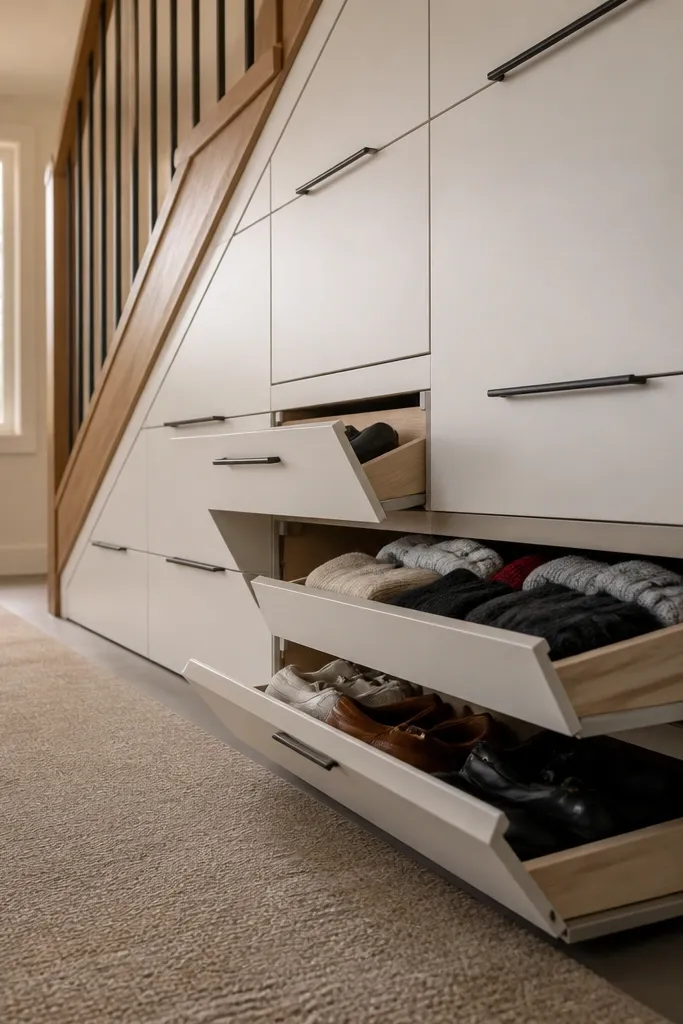 White flat-front drawers under stairs with matching doors and black pulls