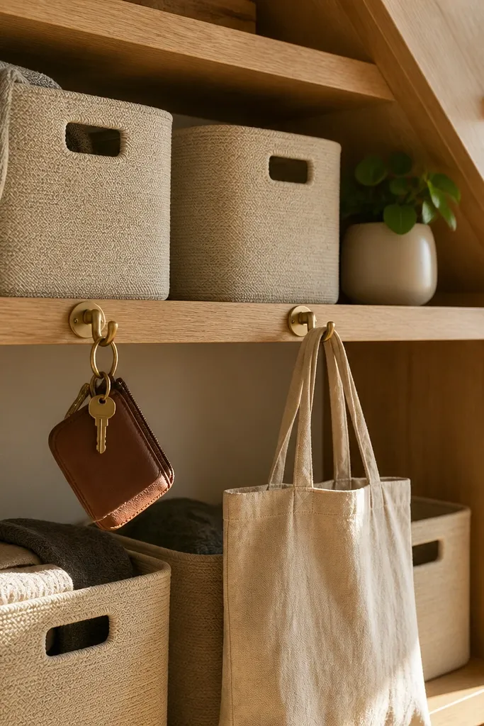 Light oak shelves under stairs with neutral fabric bins and brass hooks