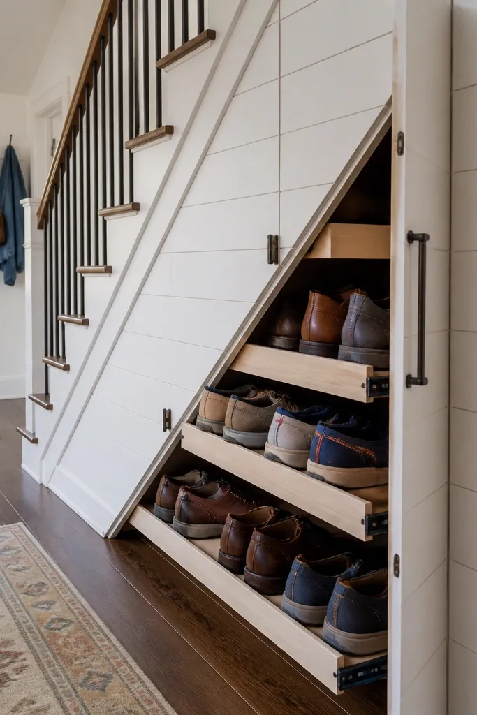 White shiplap doors under stairs with slim pull-out shoe trays
