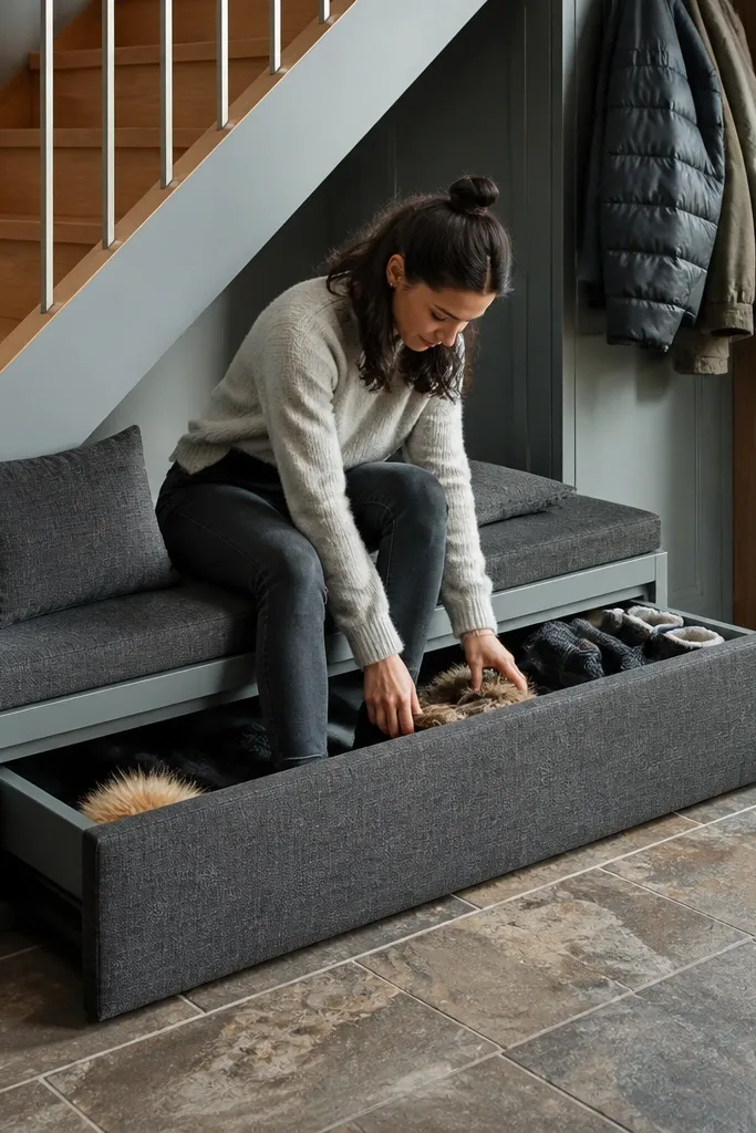 Bench seat under stairs with two lift-up lids and hidden storage