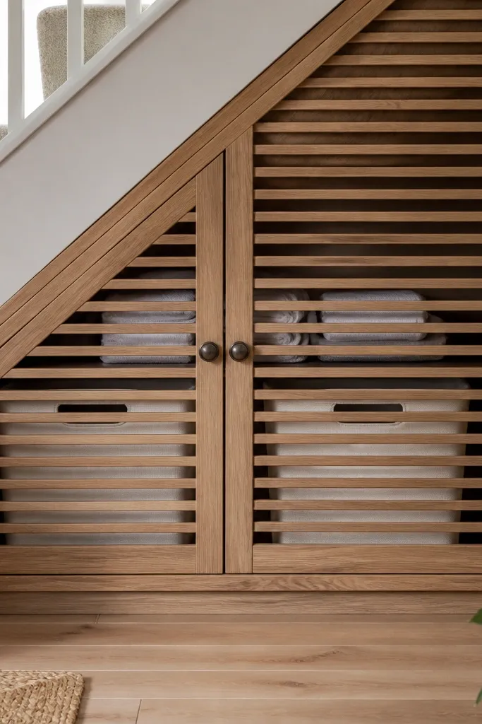 Louvered cabinet fronts under stairs with white linen bins inside