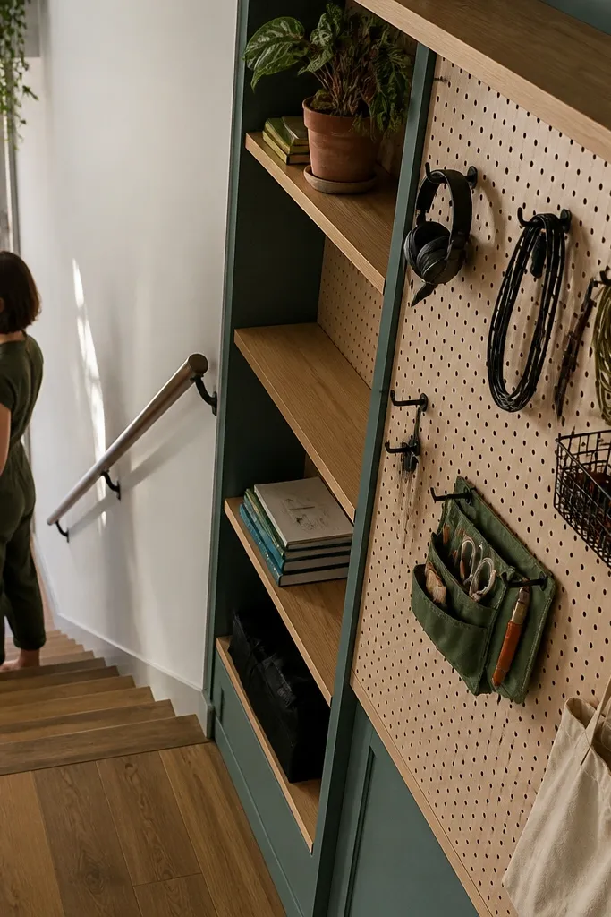 Adjustable shelf system under stairs with pegboard and small hooks