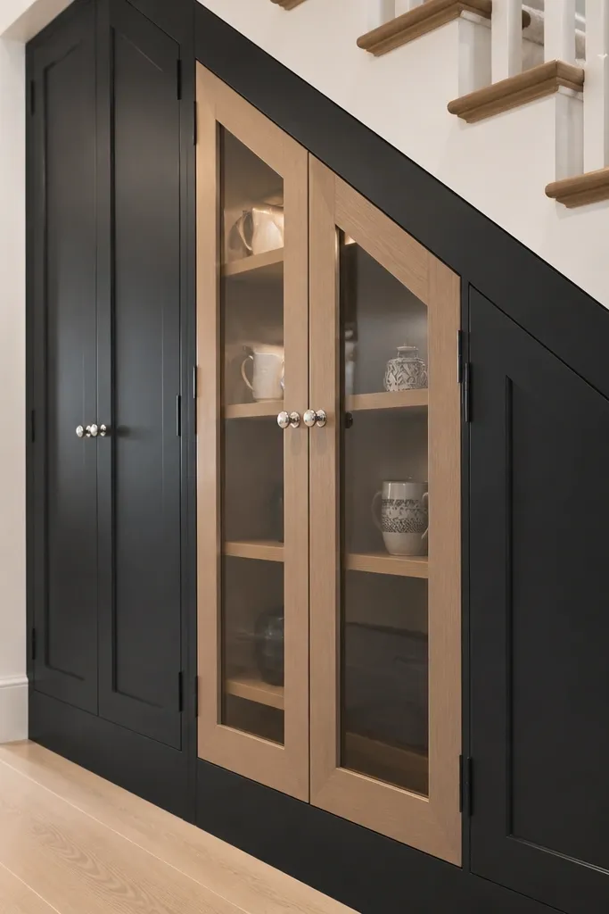 Dark cabinet doors with wood trim and small glass panes under stairs