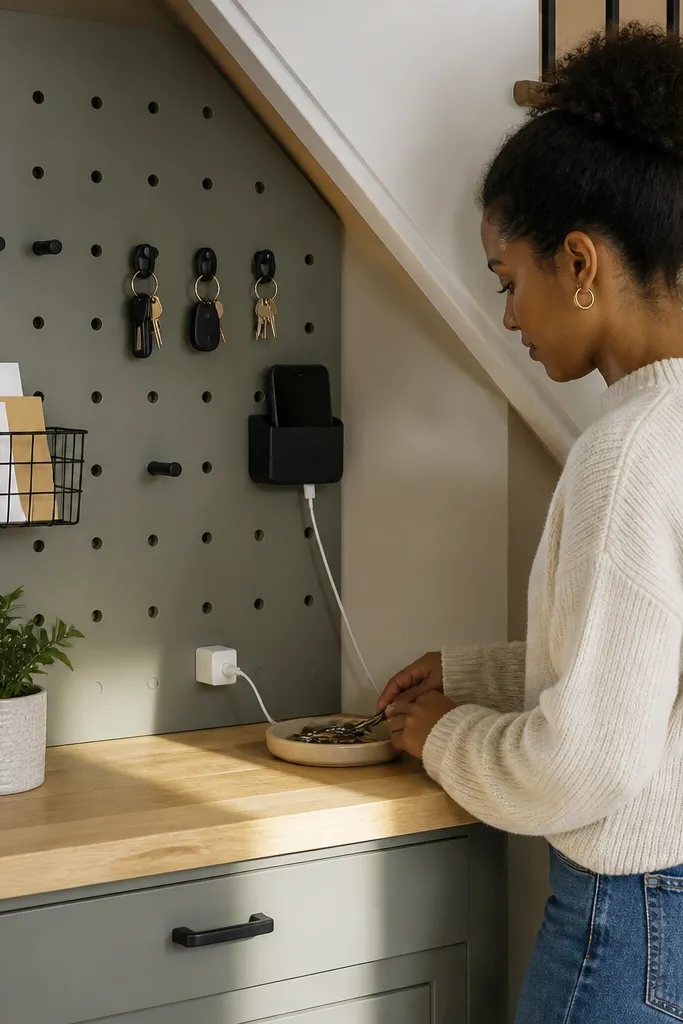 Pegboard wall with small shelves and a countertop under stairs