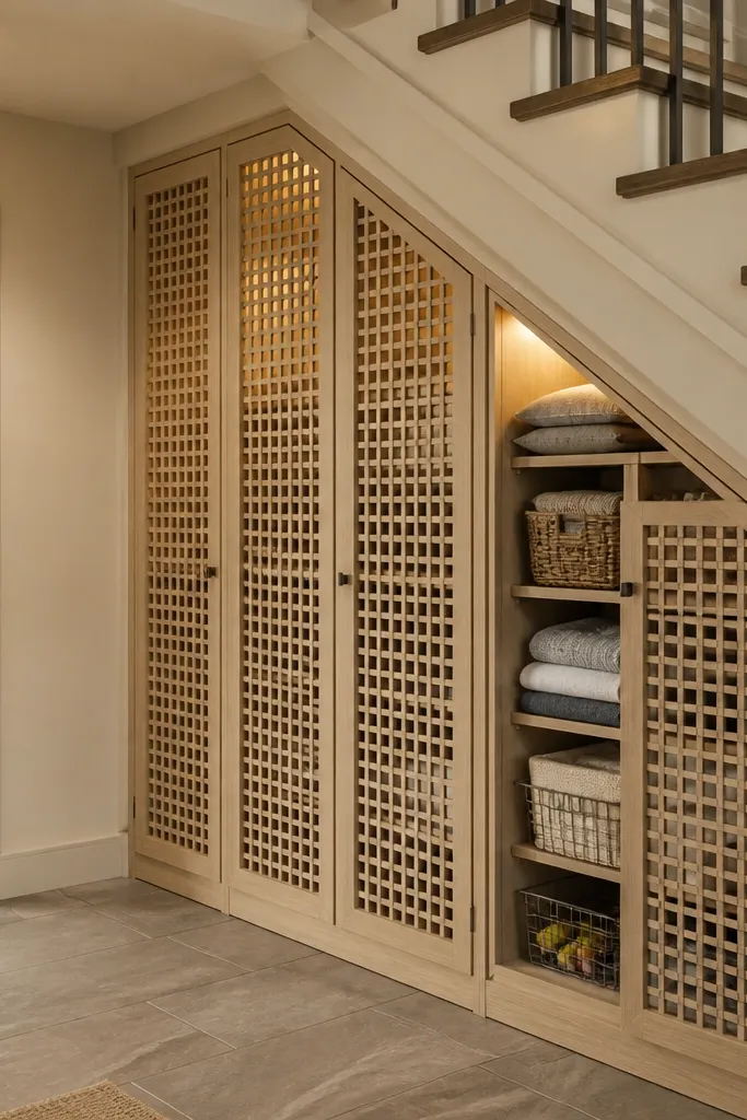 Tall cabinet under stairs with lattice door panels and white paint