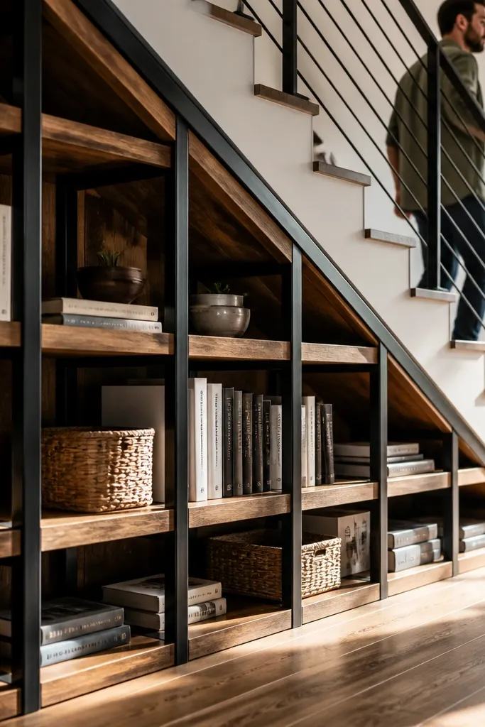Matte black metal frame under stairs with wood shelves and minimal decor