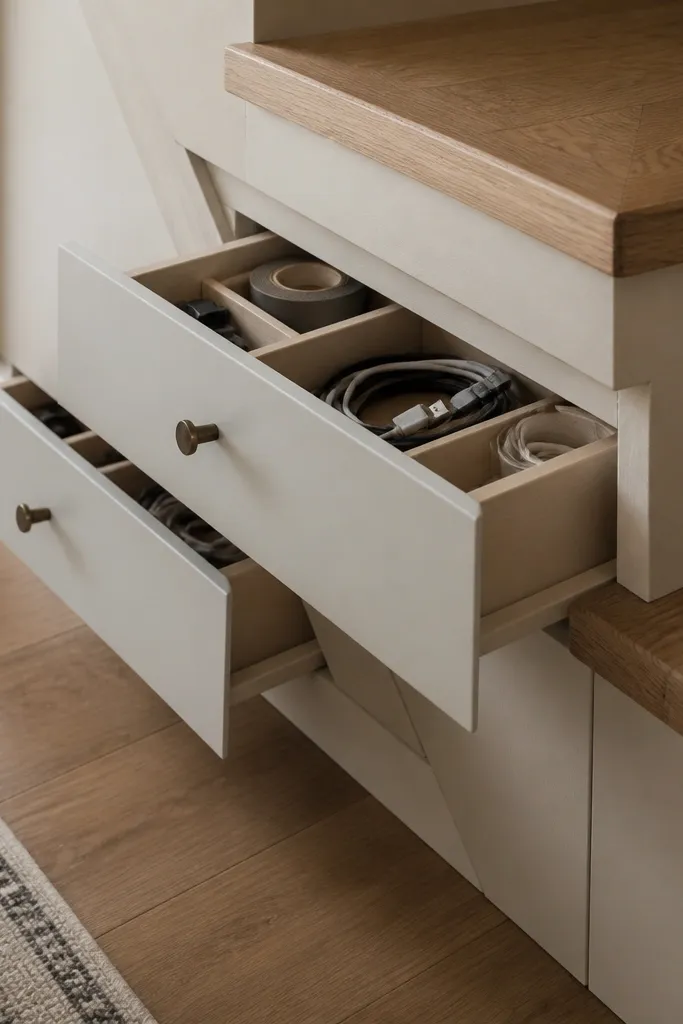 Small drawers tucked into the lower stair gap with matching trim
