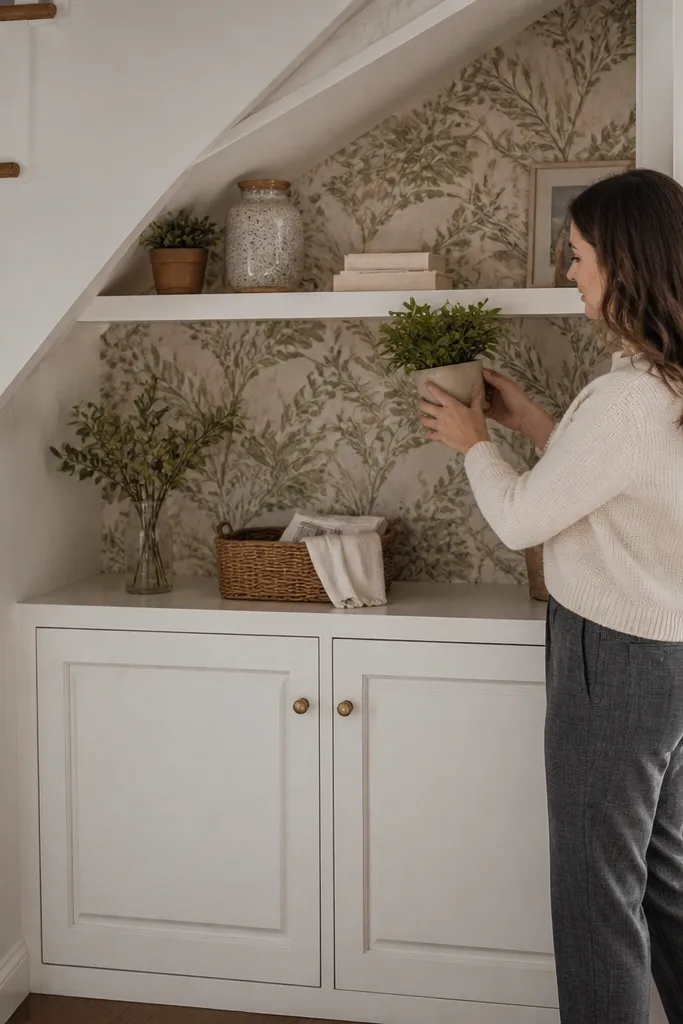 Open shelves under stairs with patterned back panel and a closed bottom cabinet